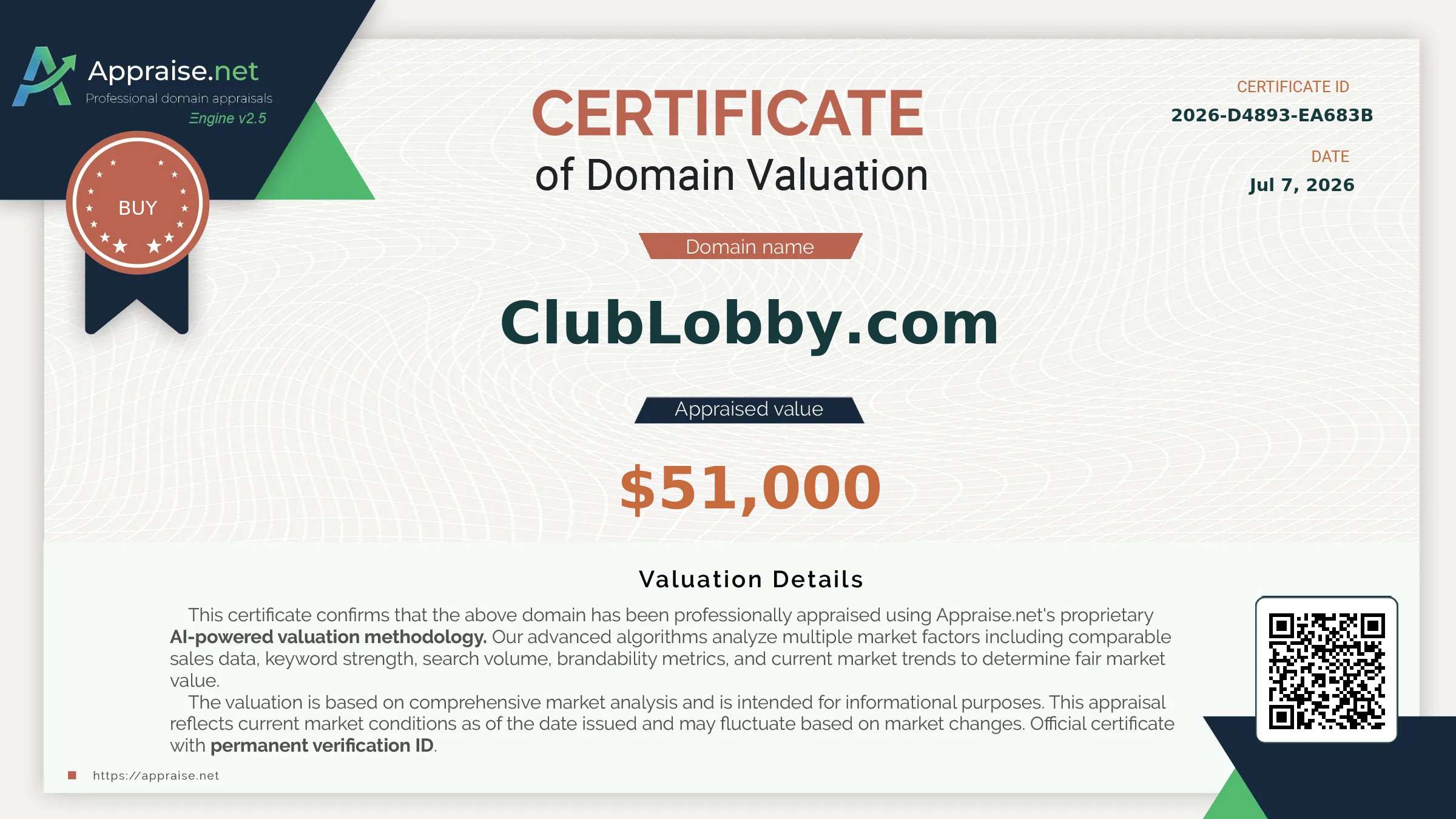 Appraise.net certificate for ClubLobby.com